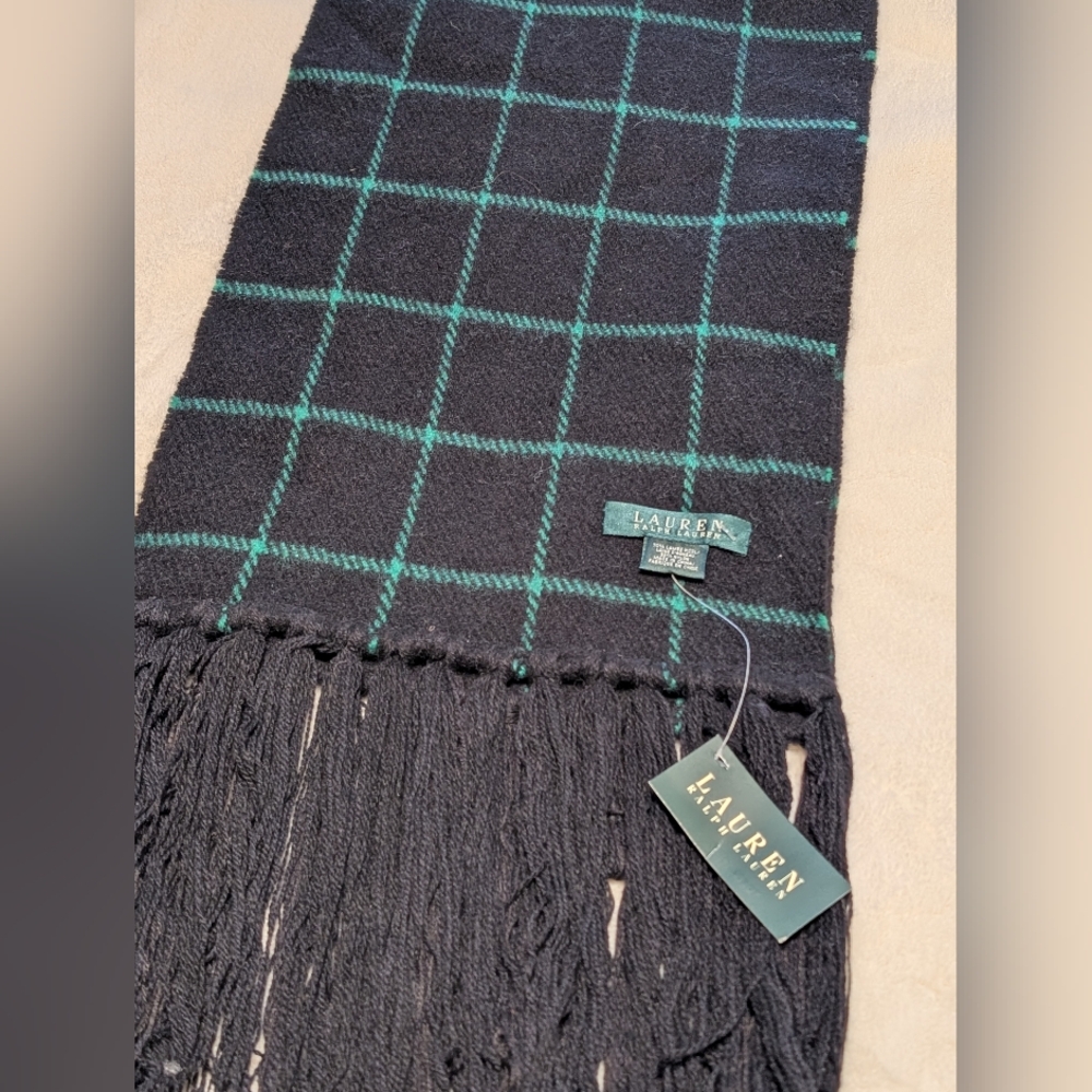 Lauren Black and Green Plaid Scarf With Fringe. NWT